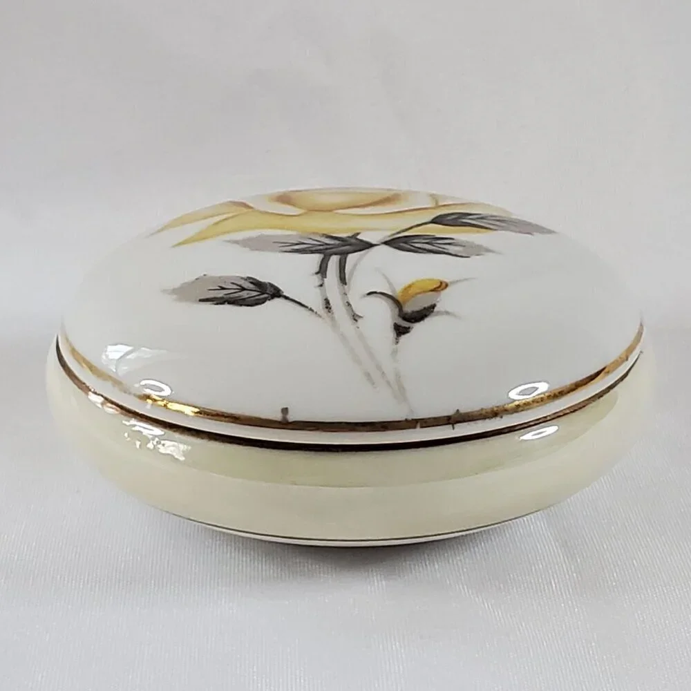 VTG Yellow Rose Trinket Holder Jewelry Box Porcelain Round Gold Trim Japan